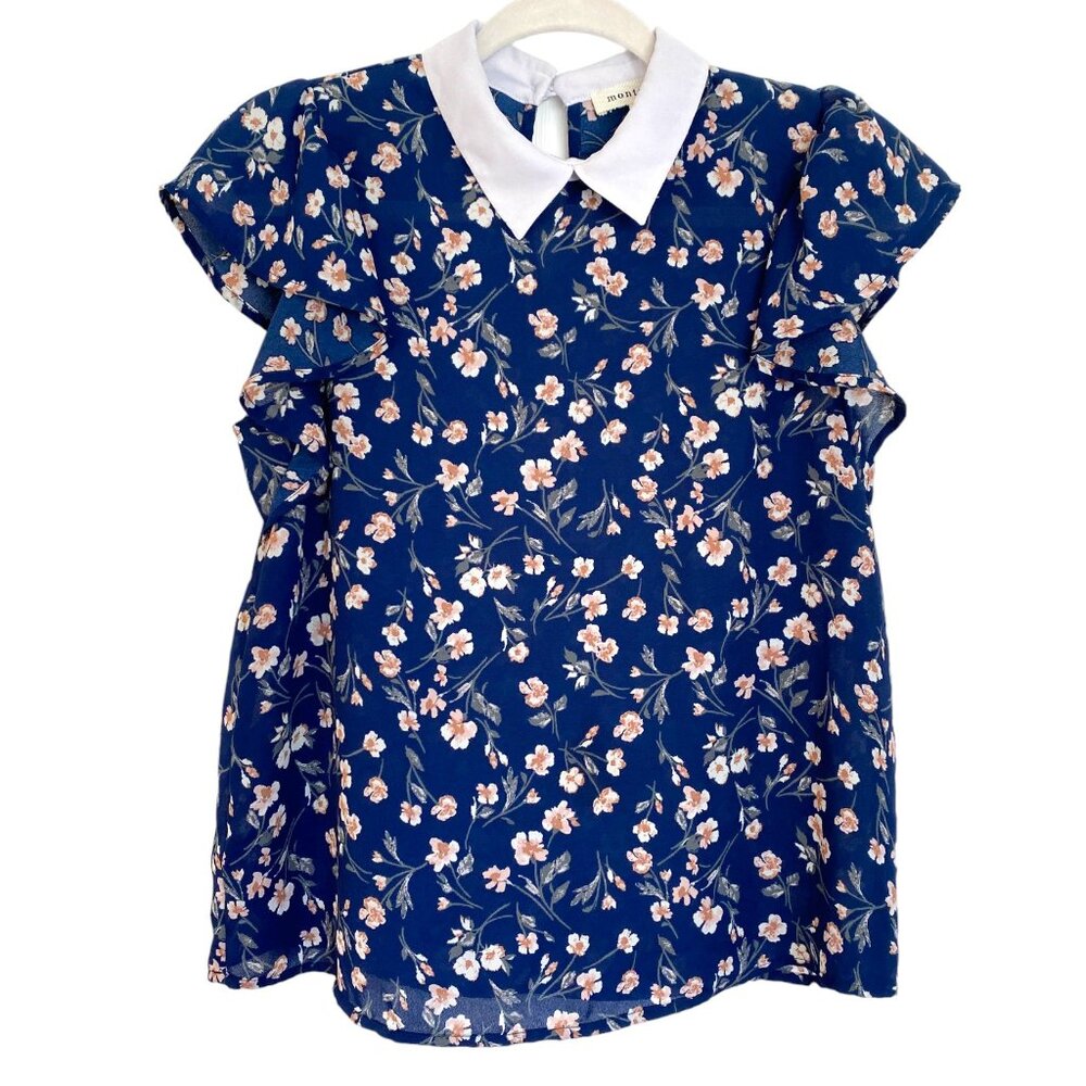 Monteau Blue Floral Blouse with White Collar
